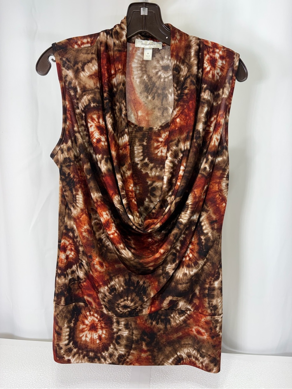 dressbarn Brown and Rust Tie-Dye Draped Cowl Neck Tank 4250
